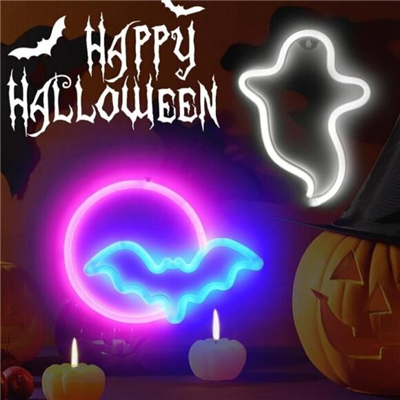 2 Pack Halloween Neon Signs White Ghost Blue Bat Full Moon Lights Decorations - Picture 5 of 8